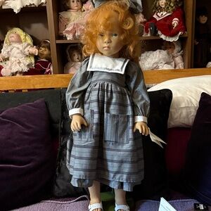 Elegant Doll with Striped Gray Dress made in Germany, rare find